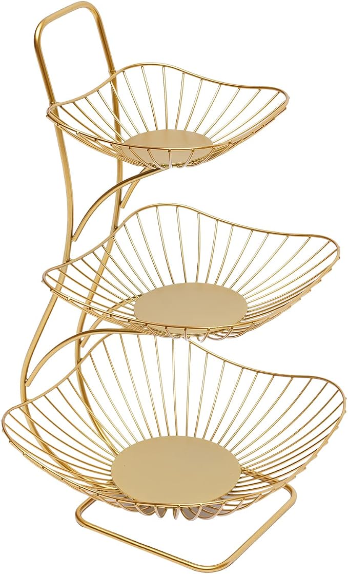 3-Tier Fruit Basket for Kitchen Counter, Gold Metal Countertop Fruit Vegetables Basket Bowl Storage,Fruits Holder Stand for Bread Snack Veggies Produce Storage by VPABES