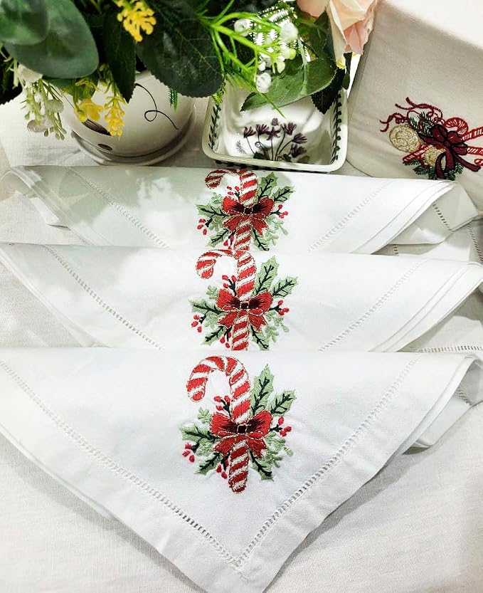 Embroidered Cloth Napkin Red Candy Cane and Holly Christmas Cotton Napkins Set of 6, 20x20 Hemstitch Table Napkins Machine Washable, Daily & Christmas, Great Present Ideas - Image 5