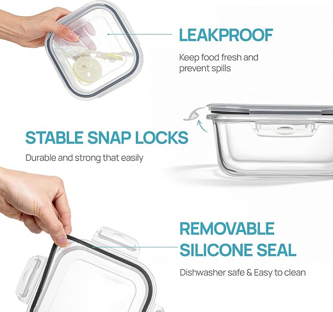 Vtopmart 5Pack 27oz Glass Food Storage Containers with Lids, Grey | Glass Meal Prep Container Sets, Sandwich Containers, Snap Airtight Lid For Microwave, Oven, Freezer and Dishwasher, BPA Free - Image 6