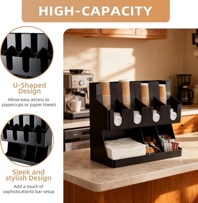 Commercial Cup and Lid Holder with Straw Organizer,Disposable Coffee Cup Condiment Dispenser for Countertop Org, Coffee Bar, Beverage Cup, Kitchen, Breakroom (11 Compartment Upright) - Image 6