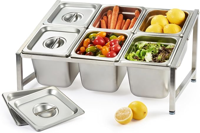 Expandable 18/8 Stainless Steel Spice Rack Set, NSF Certified, 2-Tier Inclined Organizer Shelf with 6 1/6 6" Pan&Lid, 13.8"-23.6" Adjustable, Countertop Holder for Seasoning Ingredients by CURTA