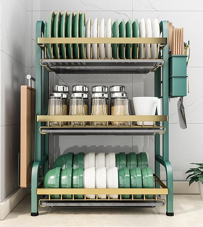 CAKERS Dish Drying Rack with Removable Drain Tray|Carbon Steel Dish Strainers for Kitchen Counter|Tableware Holder Dinnerware Drainer Organizer,Green-Gold,3 Tier-Main Shelf with Set - Image 3