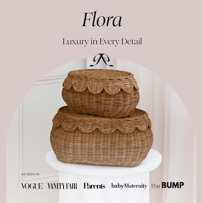 BEBE BASK The Original Scalloped Basket with Lid - Set of 2 (15x11x6 In) | Handwoven & Award Winner, Sustainable Rattan, Wicker Basket With Scalloped Edge Lid, Nursery Storage, Scallop Basket, Mocca - Image 2