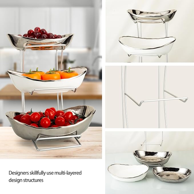 3 Tier Ceramic Fruit Bowls for Kitchen Counter with Metal Rack, Fruit Basket with Stand, Porcelain Bowls for Fruit Vegetable Bread Candy Snack Nuts (Silver and White Bowl-Silver Rack 3 Layer) - Image 4