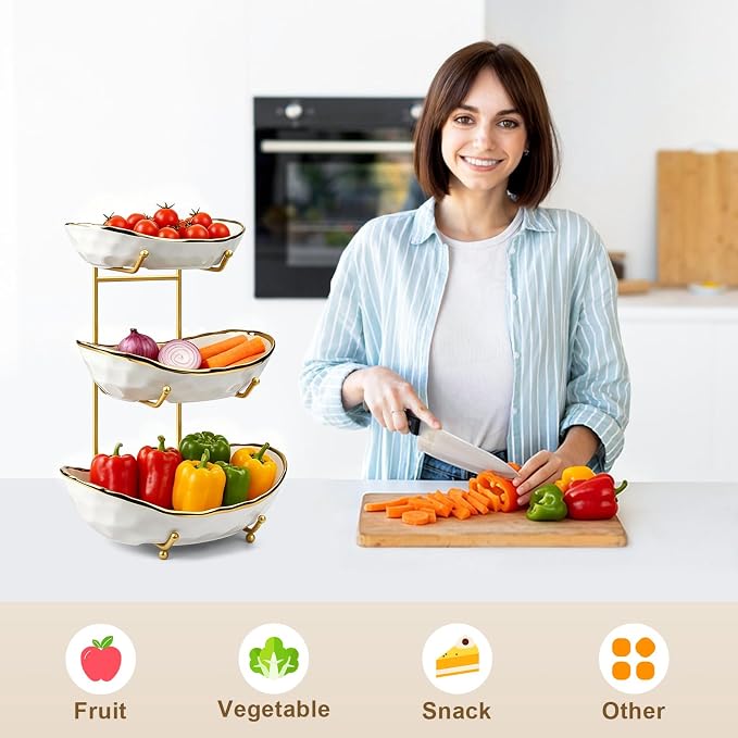 Fruit Bowl for Kitchen Counter - 3 Tier Ceramic Fruit Rack, Fruit Basket for Fresh Fruit&Veggies, Tiered Fruit Platter Serving Trays for Party - Image 4