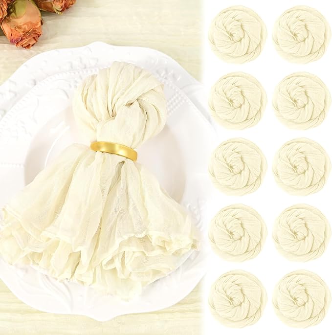 10 Pack Beige Cheesecloth Napkins 20"x20" Boho Washable Cloth Napkins Set of 10 Wrinkled Cheese Cloth Napkins Gauze Dinner Table Napkin for Wedding Party Baby Shower Birthday Decor by Showgeous