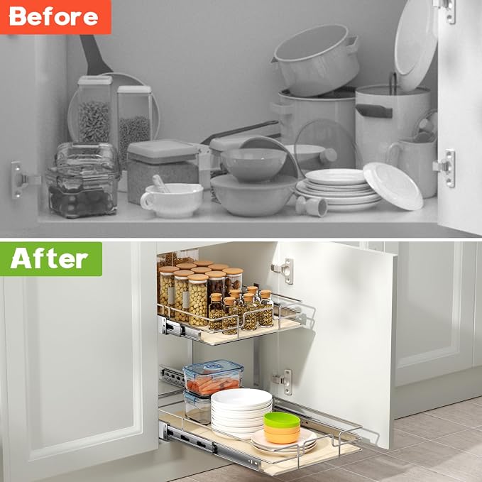 ROOMTEC 2 Tier Individual Pull Out Cabinet Organizer 13½"W x 21½"D, Slide Out Wood Shelves Organizers, Pull Out Drawers Organization and Storage for Kitchen Cabinet - Image 7