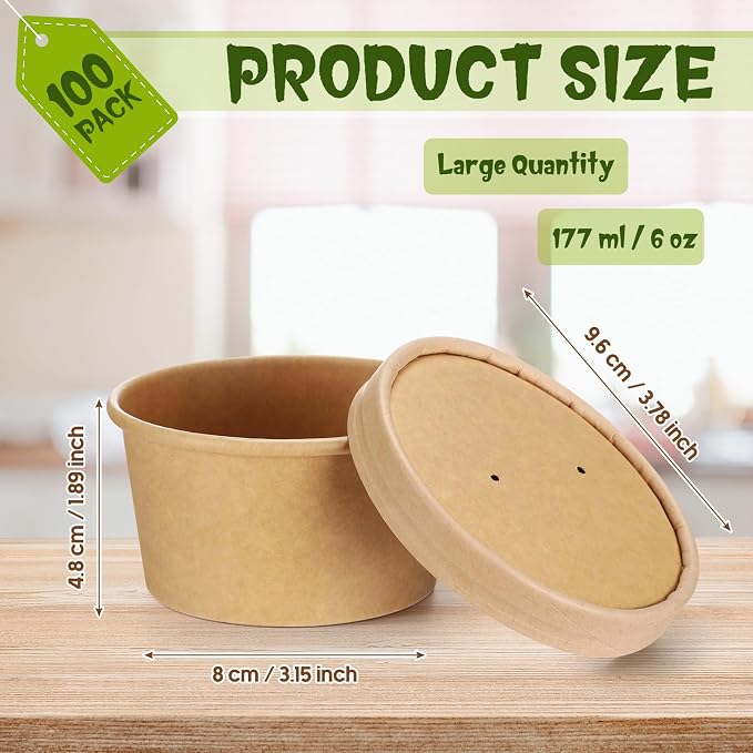 Fulmoon 100 Pack Paper Soup Containers with Lids Disposable Paper Food Containers with Vented Lid Kraft Ice Cream Cake Dessert Cups Soup Bowl for Party Hot Food Fruit Microwave(6 oz,Brown) - Image 2