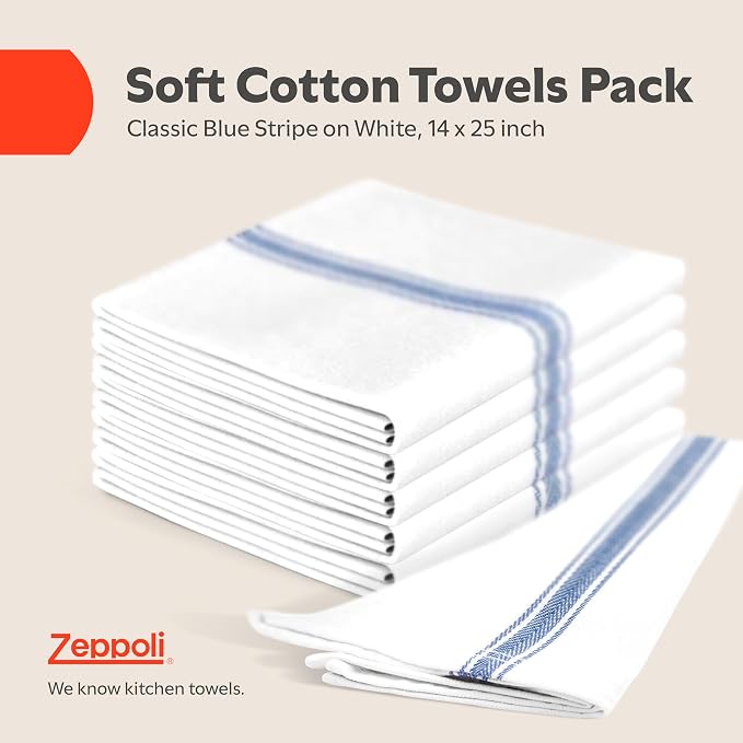 Zeppoli Classic Kitchen Towels - 45 Pack 100% Natural Cotton Towel Set, Reusable Wash Cloths, Absorbent Dish Towels, Machine Washable Hand Towels, Kitchen Essentials -14” by 25”, Blue Striped - Image 2