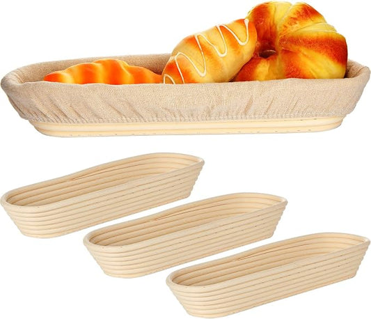 4 Pieces 13.8 Inch Banneton Bread Proofing Basket Oval Long Bread Proofing Basket Banneton Basket Dough Proofing Basket with Liners and Scatters for Home Sourdough Bread Baking by Nuenen