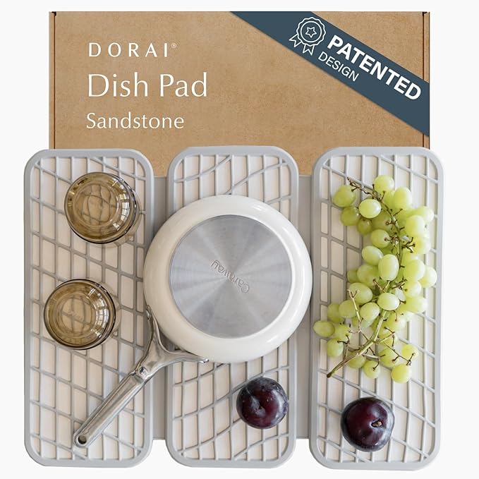 Dorai Home Dish Pad - Collapsable Stone Dish Drying Mat with Diatomaceous Earth for Quick Drying - Ultra Absorbent - Encased in Silicone - Eco-Friendly, Foldable - Original 19.9"x15.2" Sandstone by DoraiHome