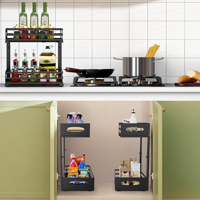 Under Sink Organizer, Slide Sink Steel Shelf Cabinet Storage Shelves, Height Adjustable Under Sink Organizers and Storage, 2 Tier Pull Out Drawer Cabinet Organizer for Kitchen Bathroom - Image 6