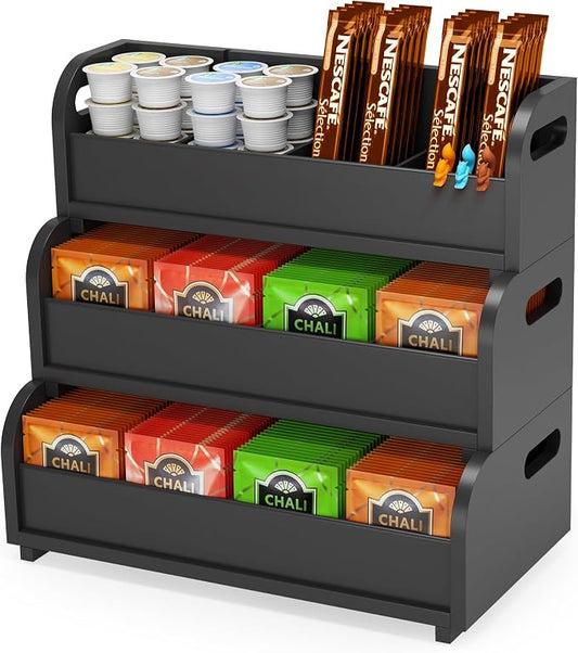 3-Tier Bamboo Tea Bag Organizer, Stackable Tea Holder for Countertop, Black | Tea Box Rack with Removable Dividers, Wall Mount Large Capacity for Pantry Drawer Cabinet Kitchen Office Coffee Station by WisuceHome