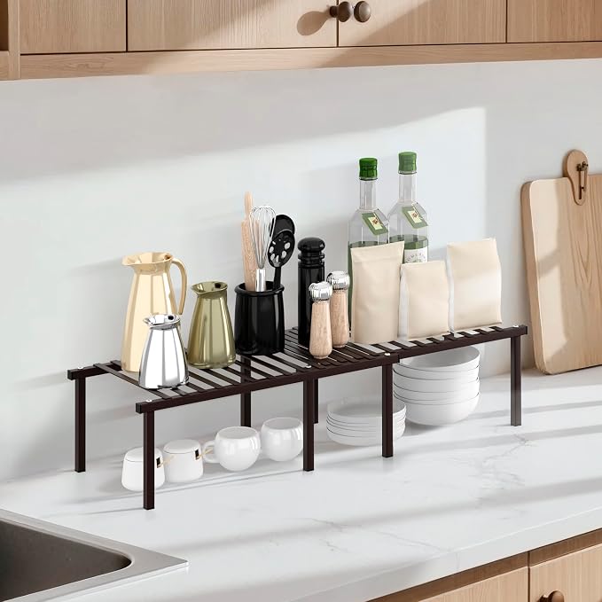 STORAGE MANIAC Expandable Cabinet Organizer Shelf, Set of 4, Brown | 15.8 inches Expandable, Stackable Wire Shelf, Spice Rack, Metal Pantry Storage for Plate Dish, Kitchen Counter Shelves - Image 7