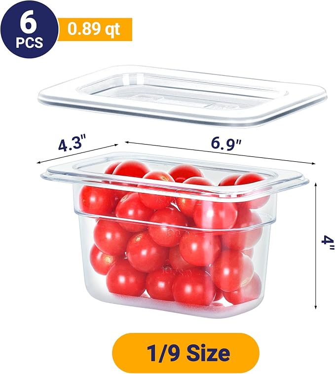 BIEAMA 6 Pack 1/9 Size 4" Deep NSF Polycarbonate Food Pans with Lids | Stackable clear containers for meal prep, buffet, salad bars, commercial & home kitchen; dishwasher safe and freezer safe - Image 2