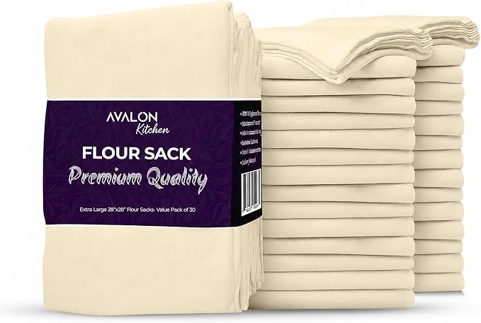 Flour Sack Towels – 30 Pack, 28x28 Inch, 100% Cotton – Flour Sack Dish Towels for Drying Dishes, Baking, Bread Proofing, Crafting & Embroidery – Reusable Beige Kitchen Towel by Avalon+Kitchen