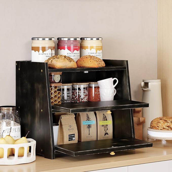Trironsun Vintage Double Layer Bread Box for Kitchen Counter Bamboo Bread Storage Container Large Capacity Bread Storage Bin (Antique Black) - Image 3