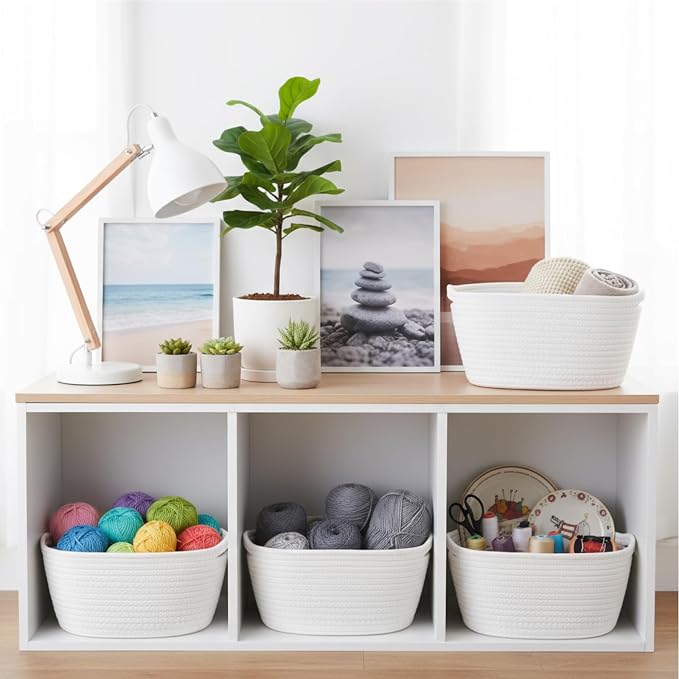 Sawysine 6 Pcs Storage Baskets Bulk for Organizing Cotton Rope Woven Basket with Handles for Gift Cloth Shelves Blanket Toys Living Room(White) - Image 5
