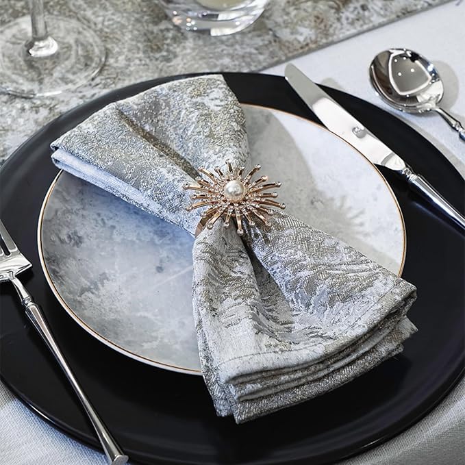 Silver Cloth Napkins Set of 6, 18 x 18 Inch | Reusable Washable Cotton Polyester Dinner Napkins Soft Luxury Elegant Fancy Jacquard Fabric Table Napkins - Image 4