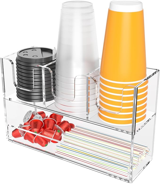 Beego 4-Compartment Cup Holder for Countertop - 2-Tier Clear Acrylic Cup Dispenser Coffee Station Paper Cup and Lid Organizer Condiment Storage for Restaurant Breakroom Kitchen Bar Accessories by beegoofficial