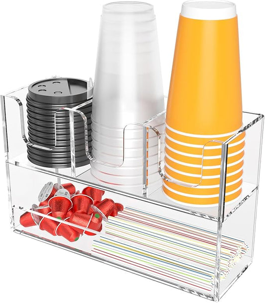 Beego 4-Compartment Cup Holder for Countertop - 2-Tier Clear Acrylic Cup Dispenser Coffee Station Paper Cup and Lid Organizer Condiment Storage for Restaurant Breakroom Kitchen Bar Accessories by beegoofficial