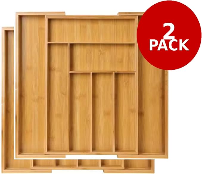 Kitchen Drawer Organizer Expandable Bamboo, Utensil Organizer for Kitchen Drawer, Adjustable Silverware Organizer Tray 13–19.6”, Wooden Cutlery Drawer Organizer, Deep Compartments 2 PACK - Image 2