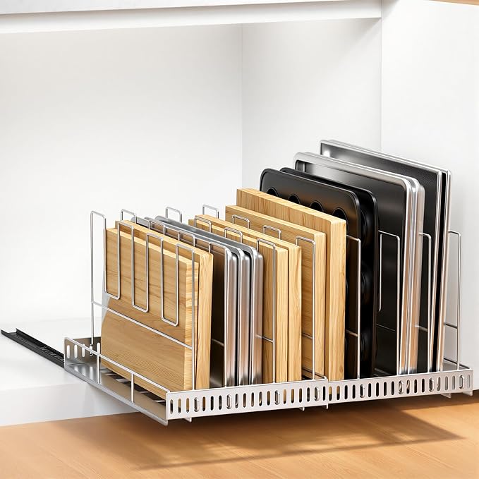 Housolution Pull Out Baking Tray and Cookie Sheet Cutting Board Organizer | 13"-22" Expandable, 21.5" Deep, 8 Adjustable Dividers, Slide Rail Design, Stainless Steel Structure, Adhesive/Screw Fixing by Housolution