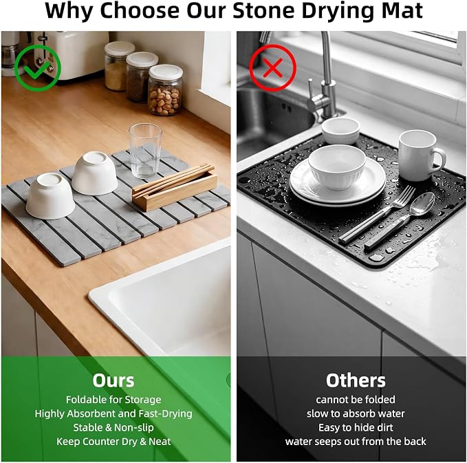 Large Stone Dish Drying Mat for Kitchen Counter, 24"×16" Foldable Quick Drying Mat, Absorbent Diatomaceous Earth Drying Mat for Bottles Cups Dishes, Match Any Countertop (Gray Marble, 24" x 16") - Image 7