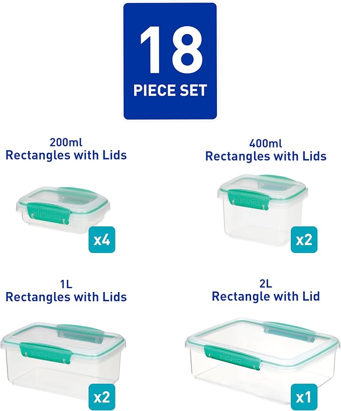 Sistema KLIP IT Storage Containers, Airtight and Stackable Food Storage Containers with Lids, Lunch Boxes and Snack Boxes, BPA-Free, 18 Pieces (9 Cans and Lids) - Image 2
