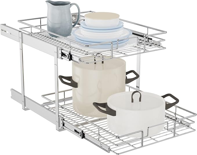 LOVMOR Individual Pull Out Cabinet Organizer, 2 Tier Slide Out Cabinet Drawers, Pots and Pans Organizer and Storage Pantry Shelf for Kitchen (15½" W x 21½" D) by LOVMOR