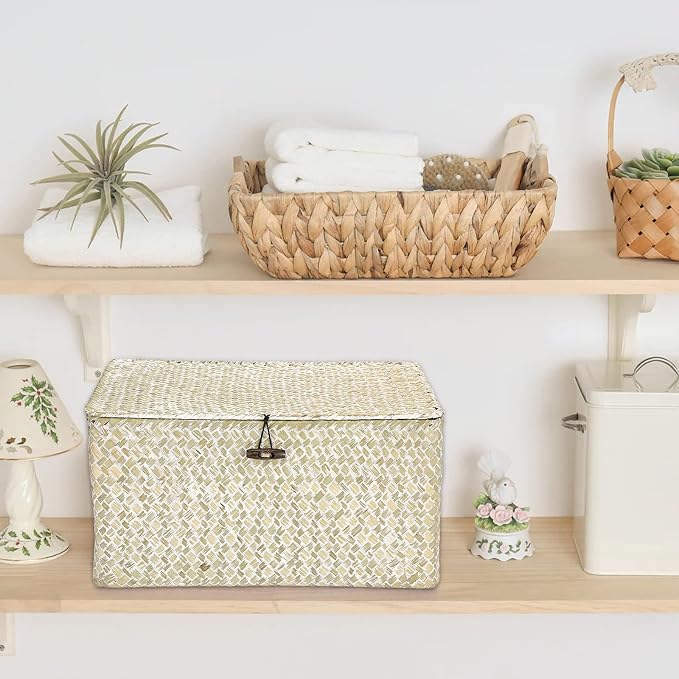 Hipiwe Wicker Shelf Baskets Bin with Lid, Large Seagrass Basket Storage Box | Handwoven Natural Baskets for Shelf Organizer, Rectangular Household Basket Boxes for Home Decor, Whitewash - Image 3