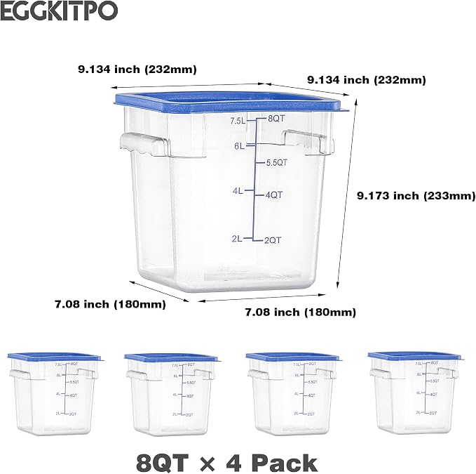 8 QT Set of 4 Food Storage Containers with Blue Lids Handle and Scarle Stackable Clear Square Commercial Container Set For Dough Proofing Home Restaurant Kitchen Supply BPA-Free Polycarbonate - Image 4