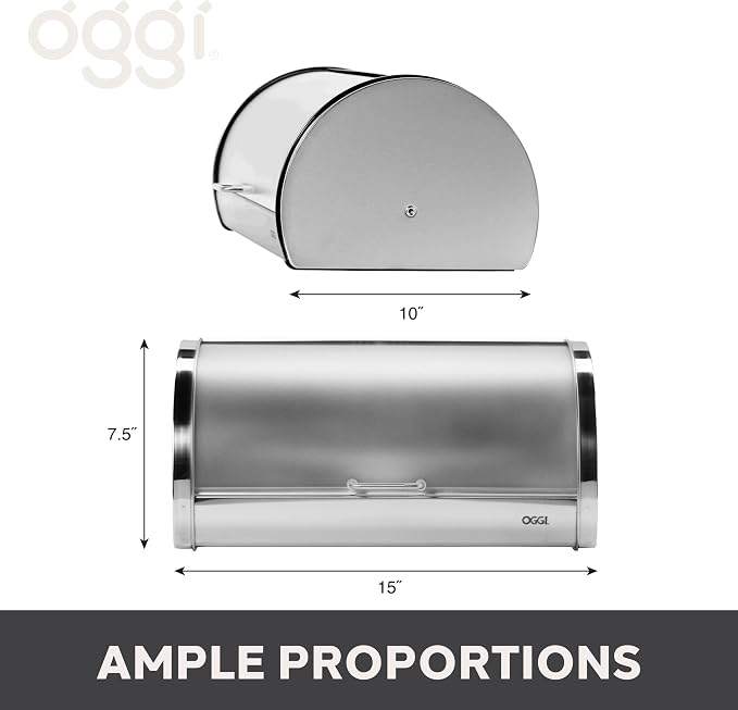 Oggi Stainless Steel Roll Top Bread Box for Kitchen Countertop with Frosted Plexilass Lid - Fits Multiple Loaves of Bread and Other Freshly Baked Goods Including Cookies, Bagels, Muffins - Image 4