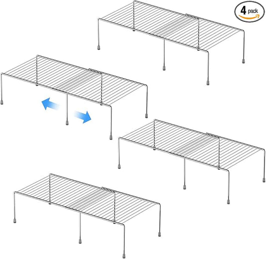 Kitchen Cabinet Expandable Shelf Organizers Set of 4, Adjustable Metal Wire Pantry Storage Shelves, Plate Dish Organizer Rack for Cabinets, Cupboard, Counter, Freezer, Countertop, Chrome by GEDLIRE