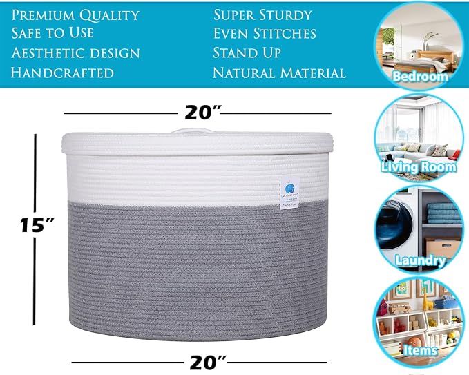 20x15 Inch Extra Large Round Cotton Rope Storage Basket with Lid, Decorative Woven Bin with Cover for Living Room Bedroom Closet, Grey - Image 2