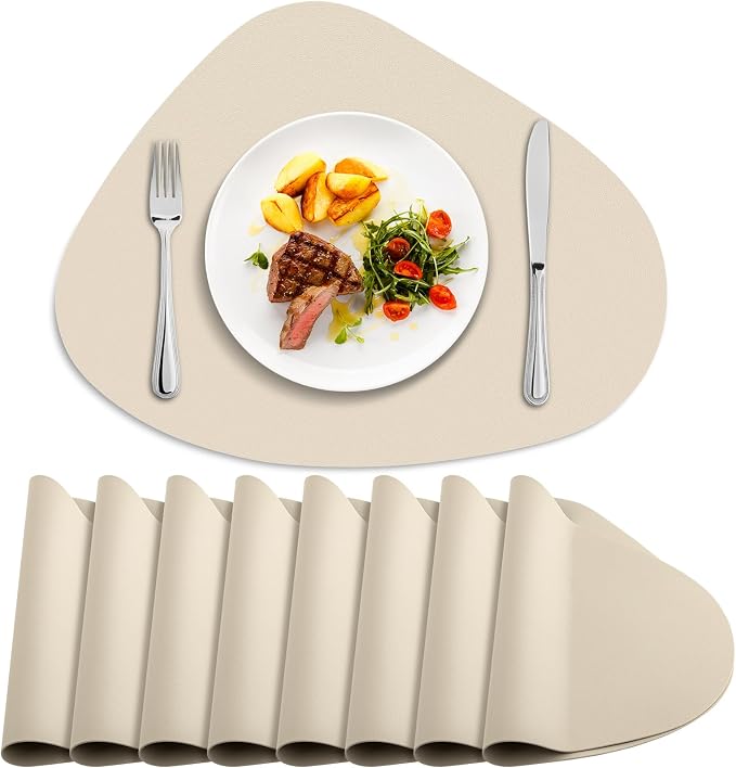 Faux Leather Placemats Set of 8, Wipeable & Washable Table Mats | Waterproof, Heat-Resistant & Easy to Clean Round Place Mats for Dining & Kitchen, 17''x13'', Beige by Delicateandelegantplacemats