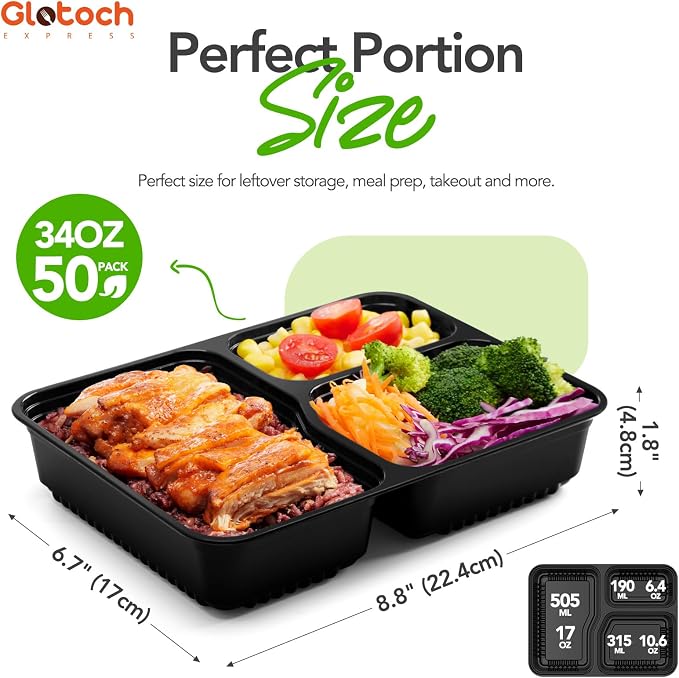 Glotoch 3-Compartment Meal Prep Containers with Lids, 34 oz, 50 Pack | Reusable BPA-Free To Go Food Containers, Leakproof and Durable, Microwave, Freezer and Dishwasher Safe, for Entrees, Sides - Image 3