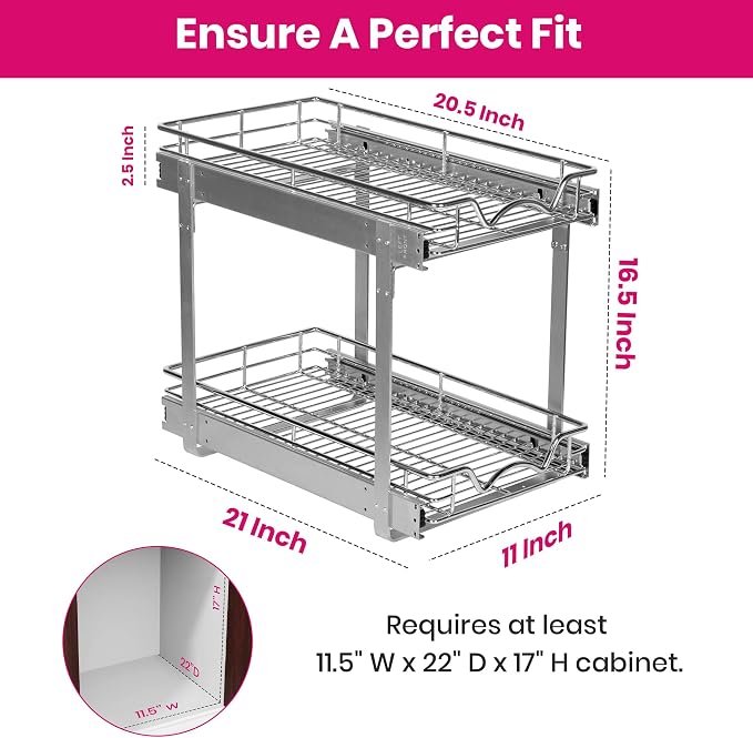 2-Tier Pull-Out Cabinet Organizer for Kitchen, 11" W x 21”D x 16.5" H | Full-Extension Sliding Shelves, Holds 100 lbs, Easy Install for Kitchen, Pantry & Under Sink Cabinets - Image 3