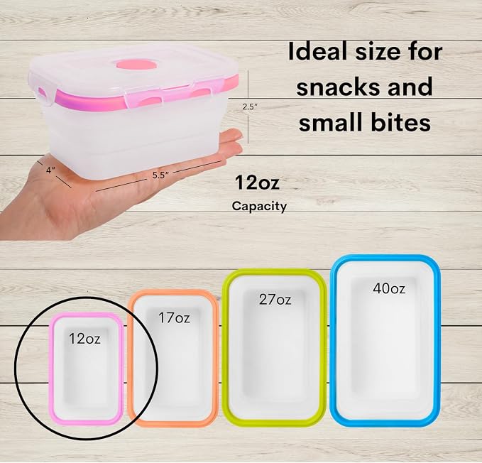 Collapsible Food Storage Containers, 8 Piece, 12 oz | Silicone, Airtight Lids, Space-Saving, Reusable Meal Prep, Microwave, Freezer & Dishwasher Safe - Image 2