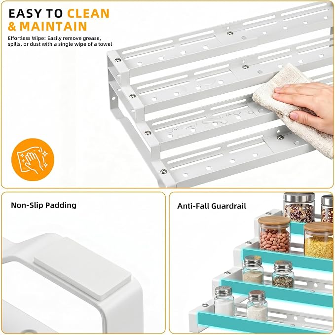Spice Rack Organizer for Cabinet, 13-21.5" Expandable Spicy Shelf | 11.6" Depth 4-Tier White Metal Seasoning Organizer, Kitchen Spice Organization, Slip-Resistant Guardrails for Jars and Cans - Image 7