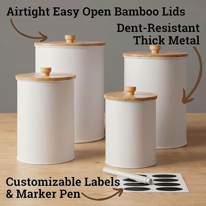 Kitchen Canisters for Countertop Set of 4 w/ Chalkboard Labels & Marker Pen | Airtight Easy Open Bamboo Lids, Dent-Resistant Thick Metal, Customizable Chalkboard Labels, Marker Pen Included, Set of 4 - Image 2