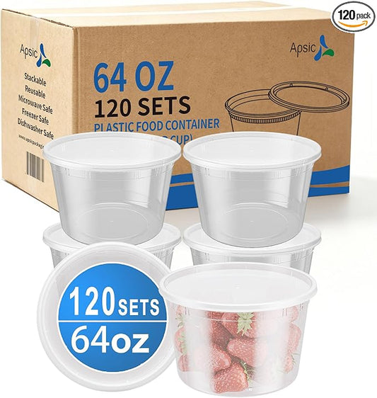 Plastic Deli Containers with Lids, 120 Sets 64 oz Leakproof Soup Cups | BPA-Free, Microwave Freezer Safe, Sturdy and Airtight, Crack-Proof for Takeout, Meal Prep, Slime, Leftovers Storage by Apsic