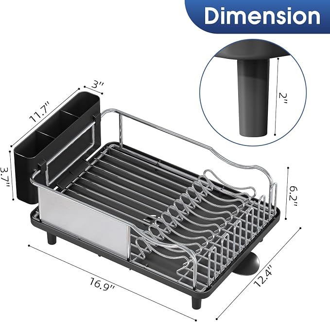Urackify Stainless Steel Dish Drying Rack for Kitchen Counter, Black | Rustproof Dish Rack with Utensil Holder, 16.9" L x 12.4" W Large Capacity, Auto Drain Dish Drainer for Plate Dish Sliverware - Image 7