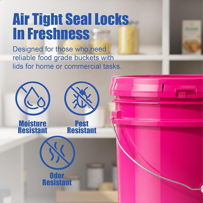 5 Gallon Bucket - Food Grade Bucket with Airtight Gasketed Tear Strip Lid, BPA-Free, Heavy-Duty 90 Mil HDPE Plastic Pail, Bulk Storage, Durable Container, Made in USA - Pink, 6 Packs | Airtight Gasketed Tear Strip Lid, Heavy-Duty 90 Mil HDPE Plastic Pa... - Image 5