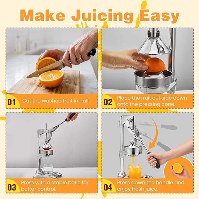 Stainless Steel Manual Citrus Juicer Heavy-Duty Lever Press | Strainer and Stable Countertop Base, Hand Juice Squeezer for Oranges, Lemons, Grapefruits, Cast Iron Juicer - Image 3