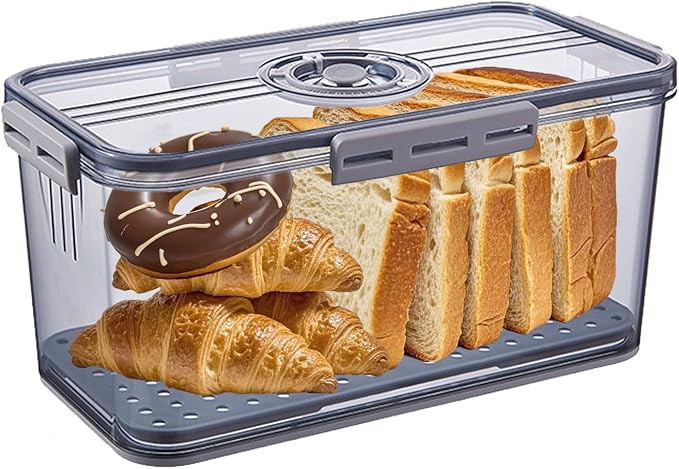 Airtight Bread Box for Kitchen Countertop, Gray | Time Recording Dial, Multi-Use Food Storage, Container with Lid, Draining Tray, For Homemade Bread, Sourdough, Toast, Cookies by Unknown