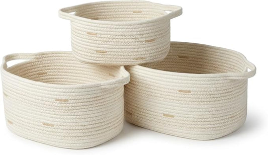 RGI Home Storage Baskets for Organizing, Fabric Rope, Set of 3, Decorative Woven Bins with Easy-Carry Handles, Multiple Sizes, Durable and Stylish, Ivory with Beige Accents by RGIHome