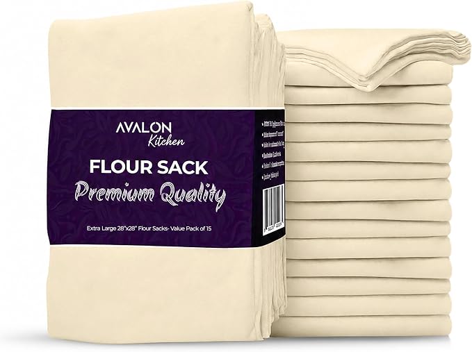 Flour Sack Towels – 15 Pack, 28x28 Inch, 100% Cotton – Flour Sack Dish Towels for Drying Dishes, Baking, Bread Proofing, Crafting & Embroidery – Reusable Beige Kitchen Towel by Avalon+Kitchen