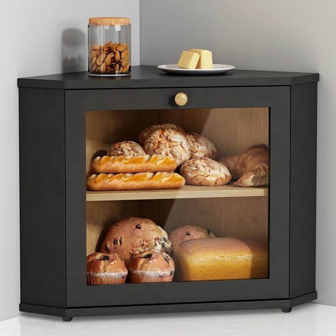 Goozii Corner Bread Box for Kitchen Countertop, Black Bread Storage Container for Homemade Bread, Two Layer Breadbox under Cabinet Mount, Large Bread Holder for Kitchen Counter, Pantry Shelf by Goozii