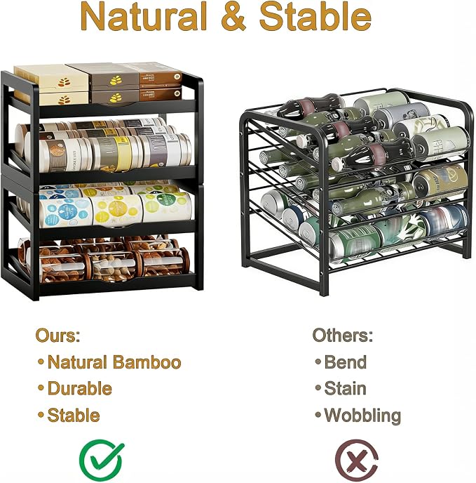 BAMBANG Can Organizer for Pantry, Detachable Bamboo 4 Tier Stackable Can Food Storage Rack, Rolling Soda Can Dispenser Can Holders for Cabinet, Holds Up to 48 Cans, Black - Image 3